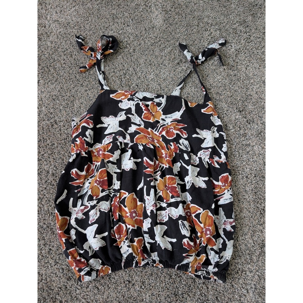 Tennis Womens Floral Tie Strap Camisole Smocked Hem Bubble Top‎ Black Rust XS